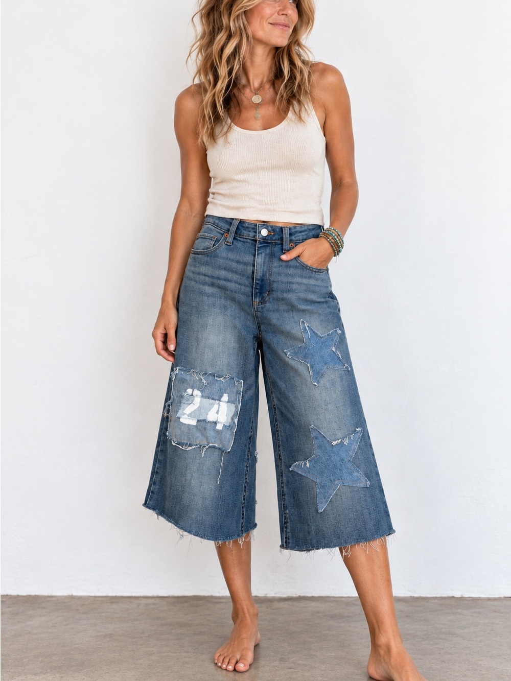 Upcycled Universal Thread Distressed Wide-Leg Cropped Star Patch Jeans - Blue